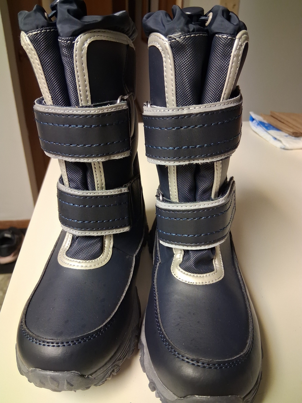Lands' End Navy and Cream Kids Winter Boots with Hook Straps